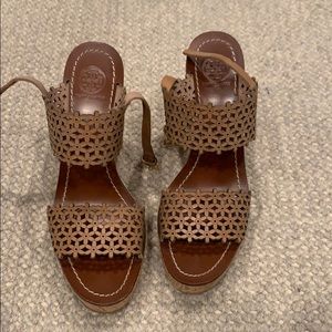 Tory Burch leather flower cut out sandal wedge